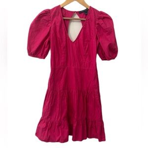 French Connection Fuchsia Pink V-Neck Puff Sleeve Mini Dress Size 2
